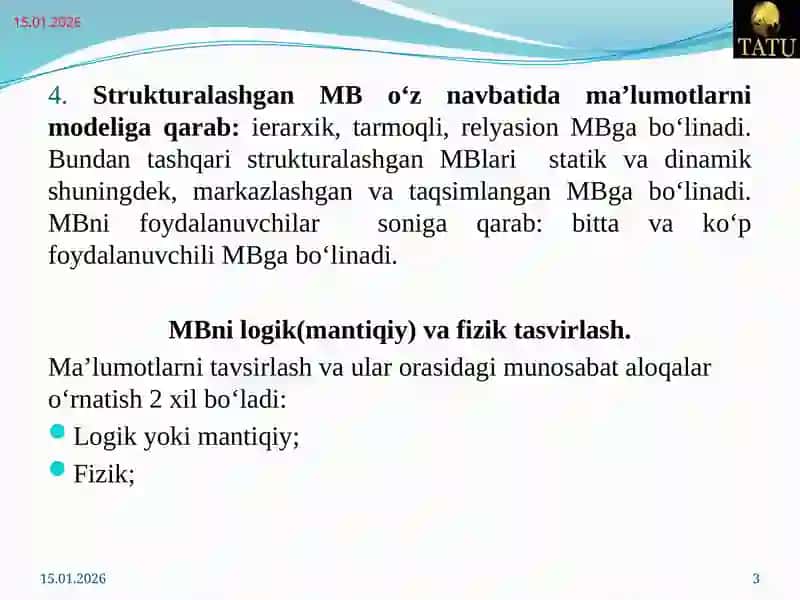 Ma'lumotlarning tarifi va tur vaqayta ishlash bosqichlari 3