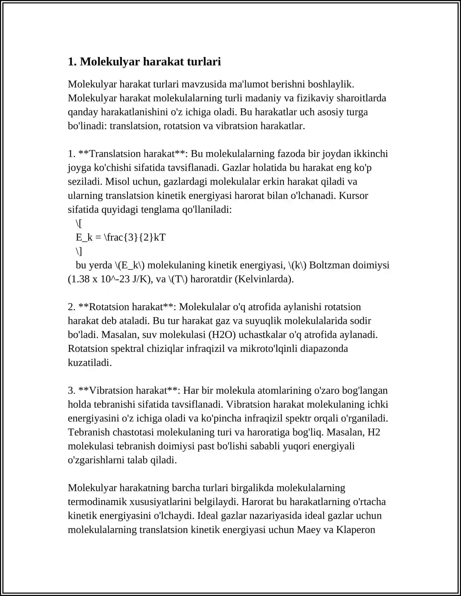 MOLEKULALARNING ERKIN YUGURISH YO'LI. DIFFUZIYA 3