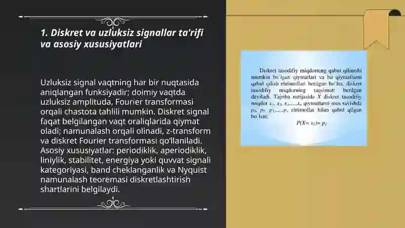 Diskret va uzluksiz signallar ta'rifi va asosiy xususiyatlari 3