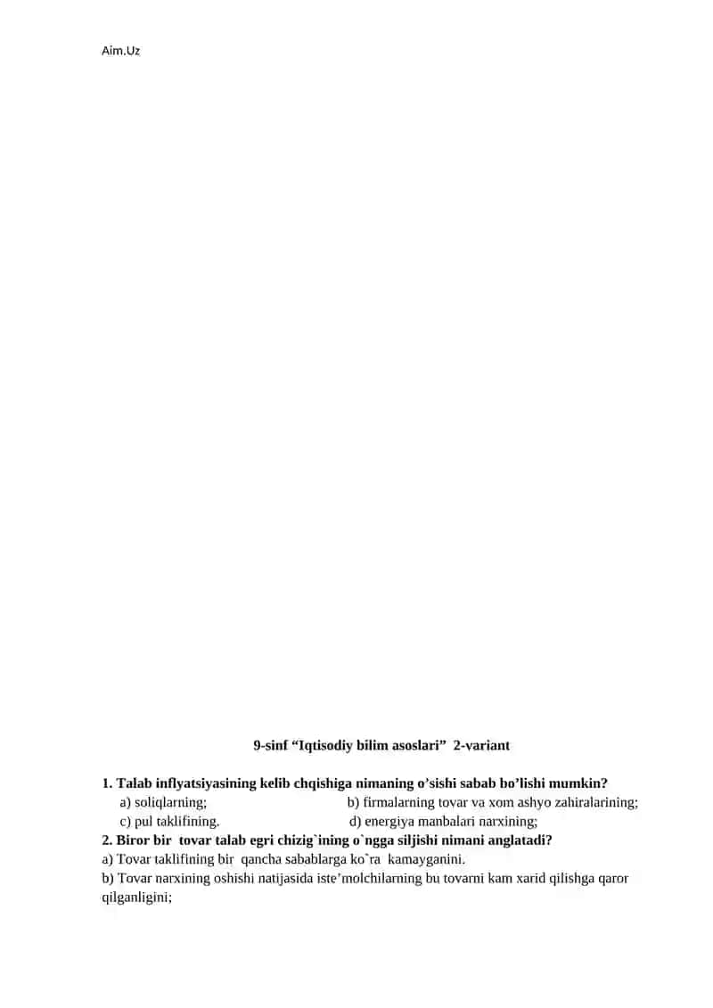 9-sinf “Iqtisodiy bilim asoslari” 1- variant 3