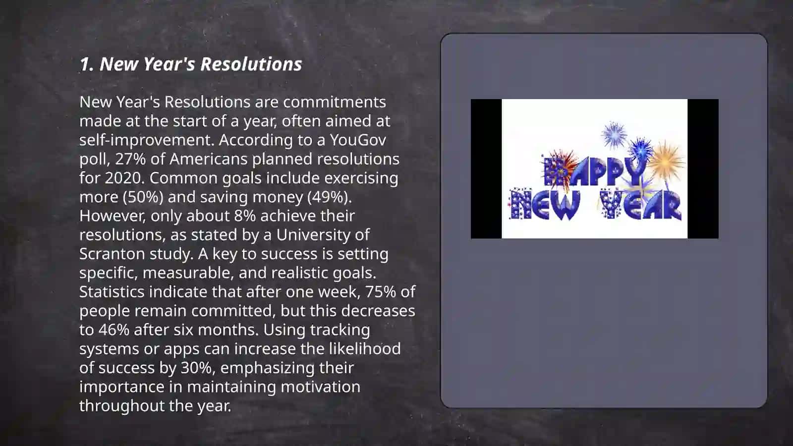 Plan: 1. New Year's Resolutions 2. New Year's Eve Traditions 3. Celebrating New Year's Around the World 3
