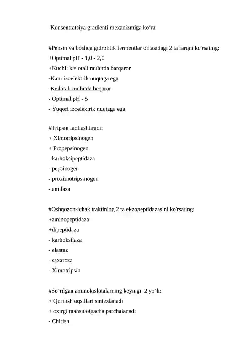 OSHQOZON –ICHAK TIZIMI BIOKIMYOSI test 3