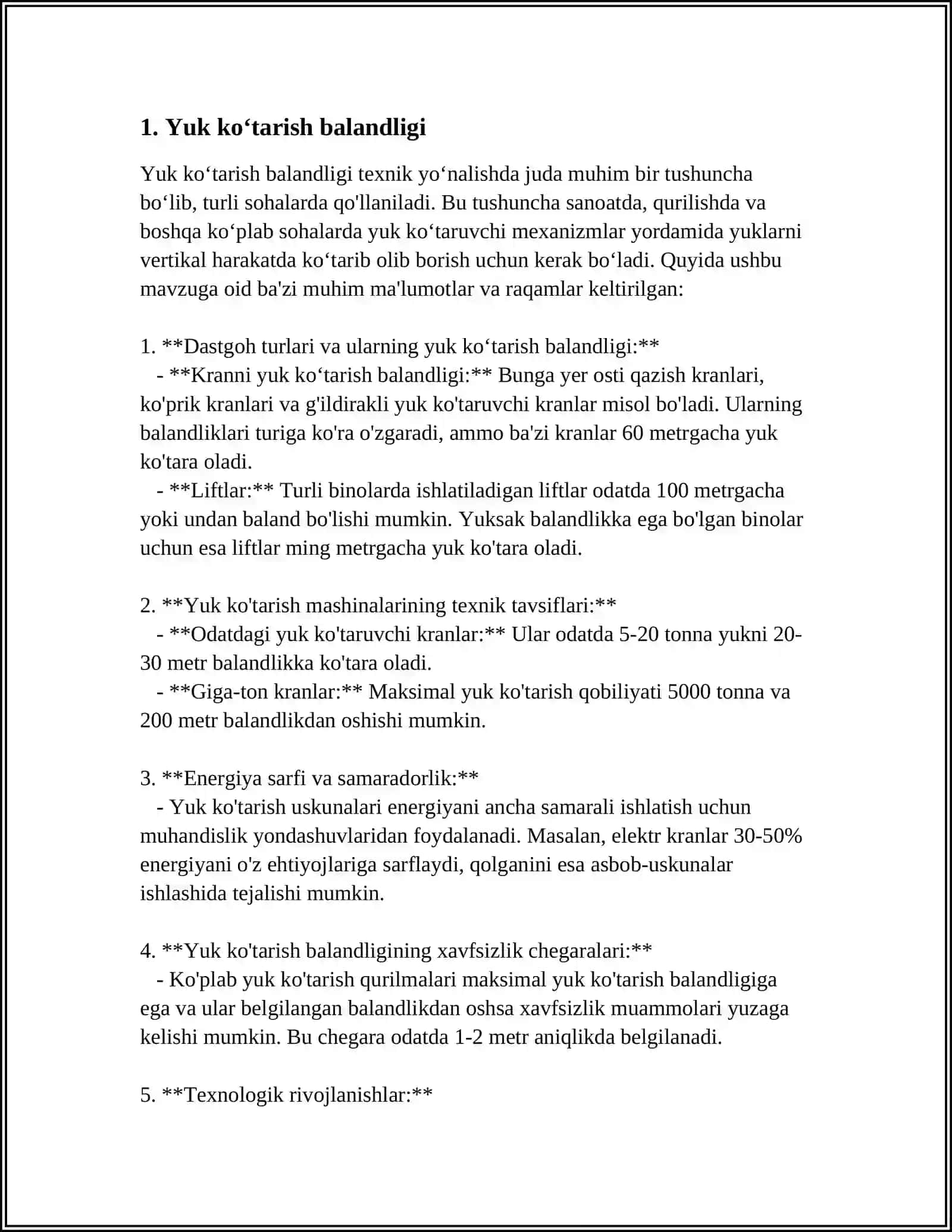 YUK KOʻTARISH MASHINALARINING ASOSIY PARAMETRLARI 3