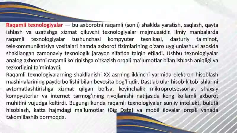 raqamli texnologiyalarning o'ziga xosliklari 3