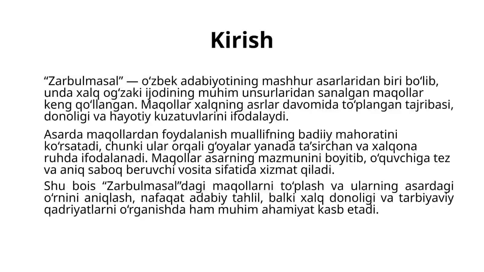 Zarbulmasal asaridagi maqollarning badiiy va tarbiyaviy ahamiyati 3