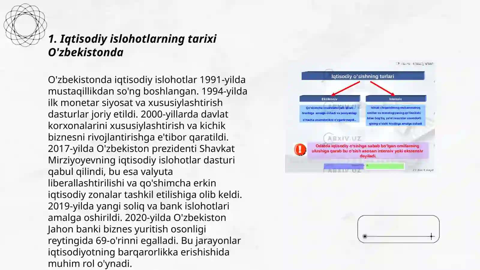 Iqtisodiy islohotlar, hususiy mulkchilikning shakllanishi. O’zbekistonda bozor munosabatlarining rivojlanishi 3