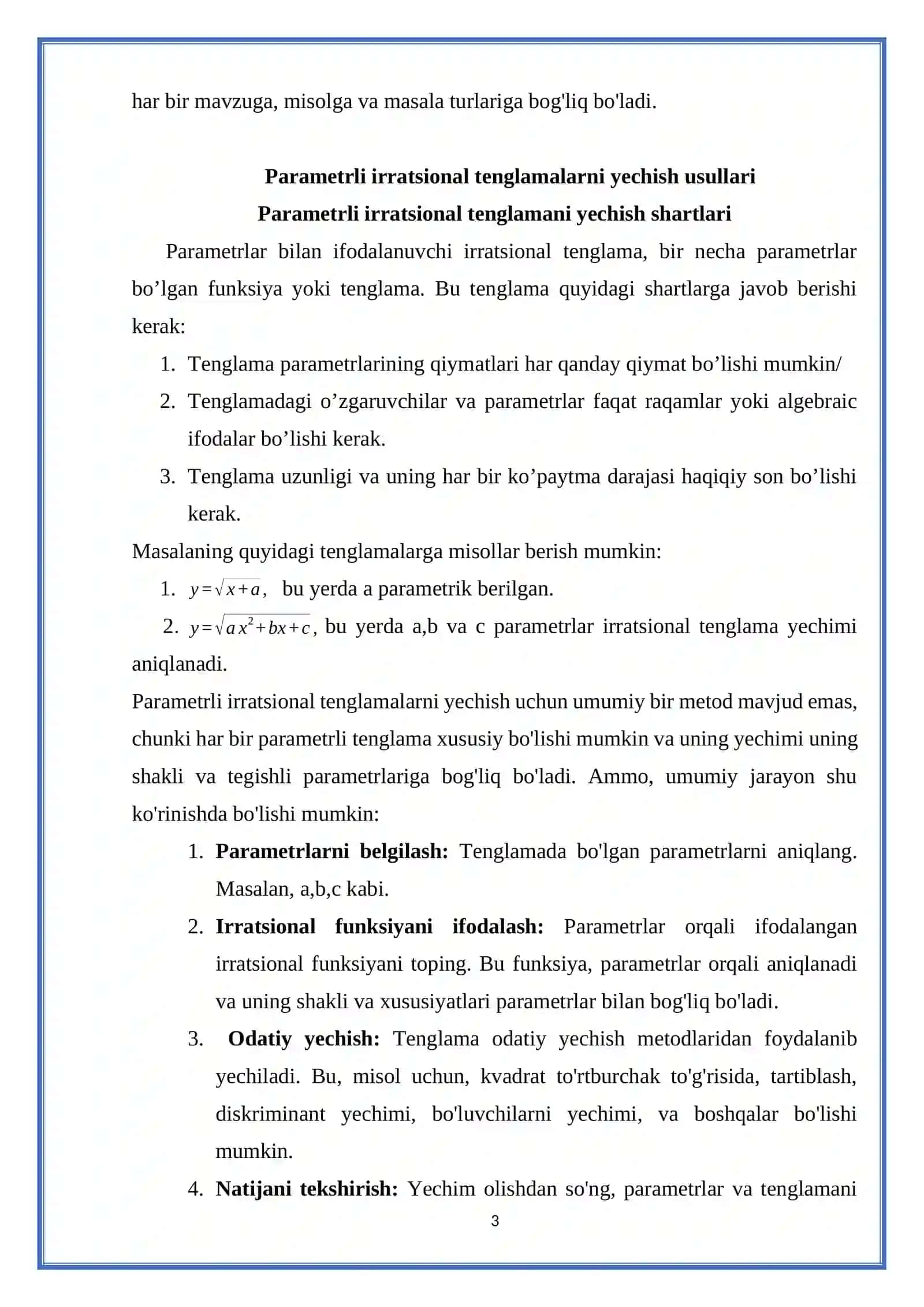 Parametrli irratsional tenglamalar va ularni yechish usullari 3