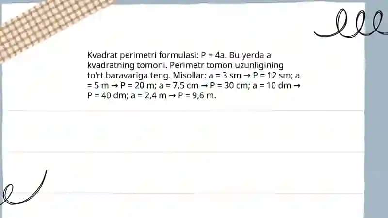 Muntazam uchburchak, tortburchak, to'g'rito'rtburchak perimetri 3