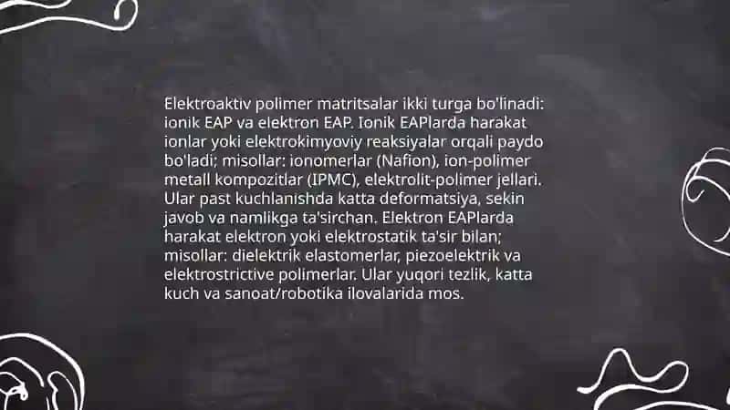 Elektroaktiv polimer matritsalar-xususiyatlari, xossalari va qoʻllanish sohalari 3