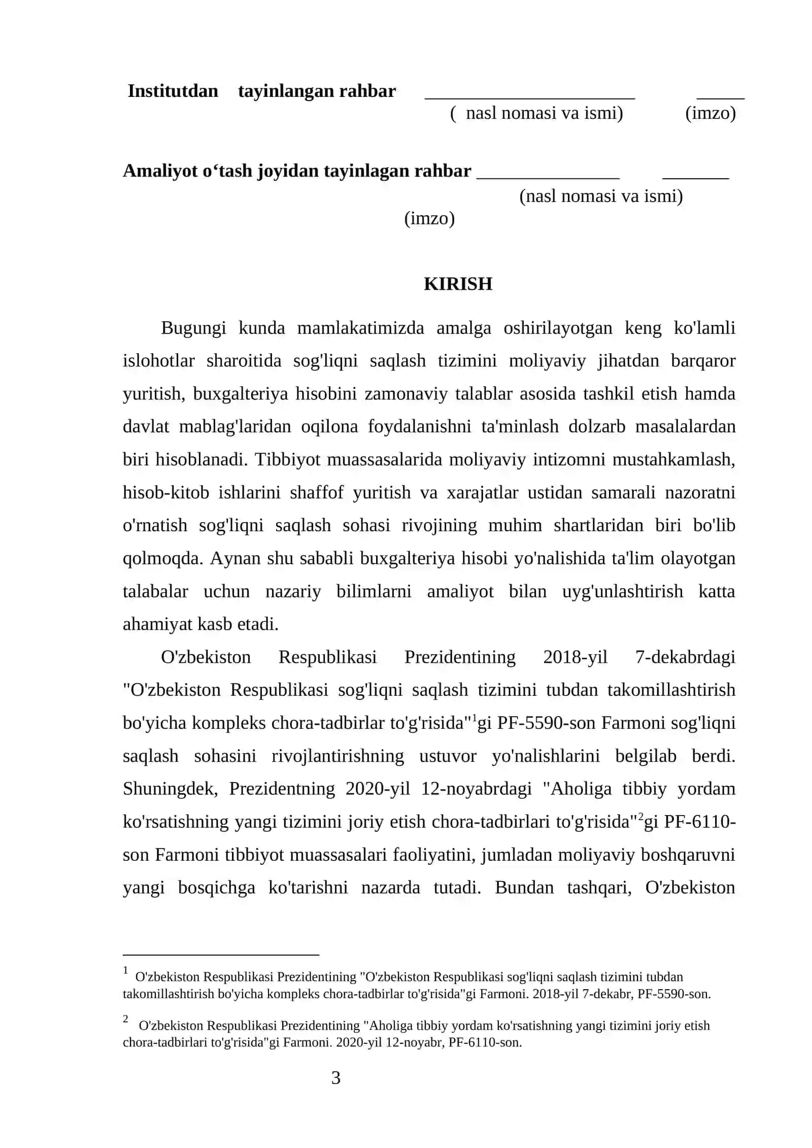 TIBIYOT BIRLASHMASI  amaliyot hisoboti 3