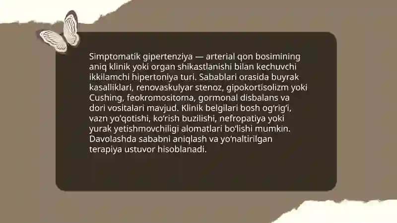 Simptomatikgipertenziya xaqida tushuncha. Tasnifi, tashxislash. EKG o'zgarishlarni aniqlash va xulosa yozish, bemorlarni dinamikada kuzatish prinsplari 3