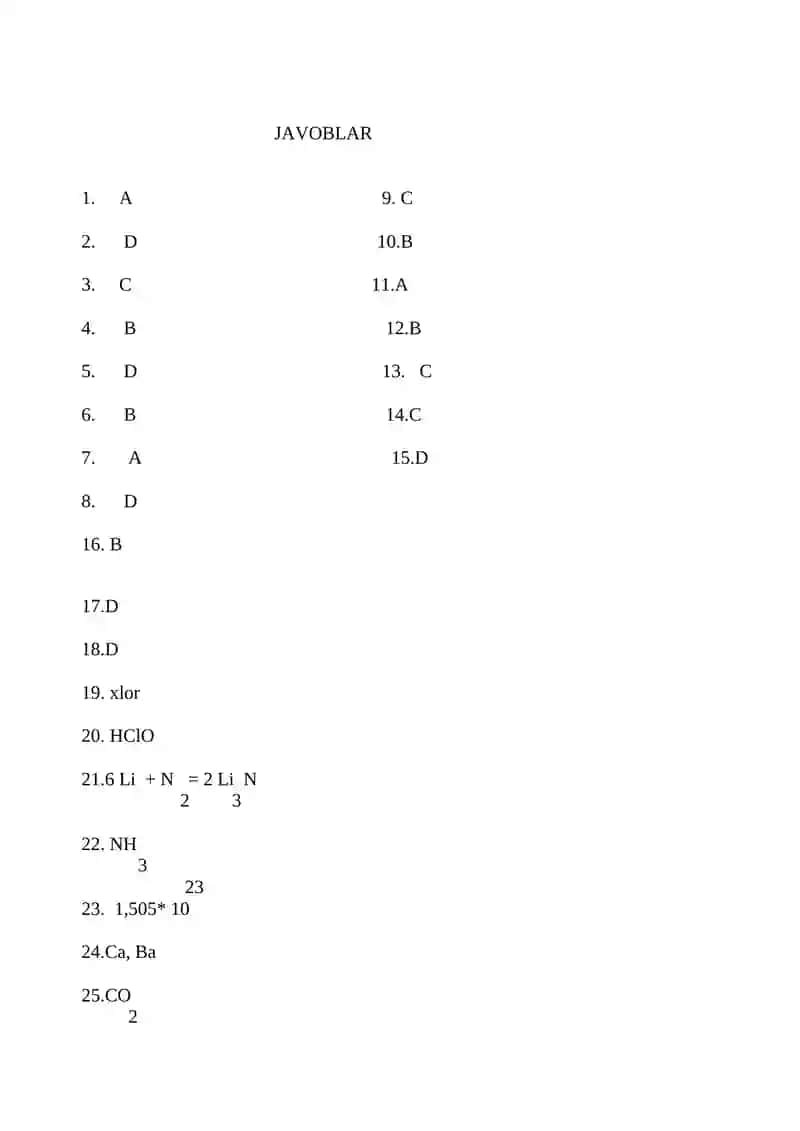 9-sinflar uchun kimyo fanidan test 3