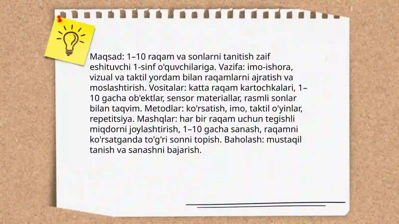 Zaif eshituvchi 1-sinf bolalariga matematika fanidan dars ishlanma 3