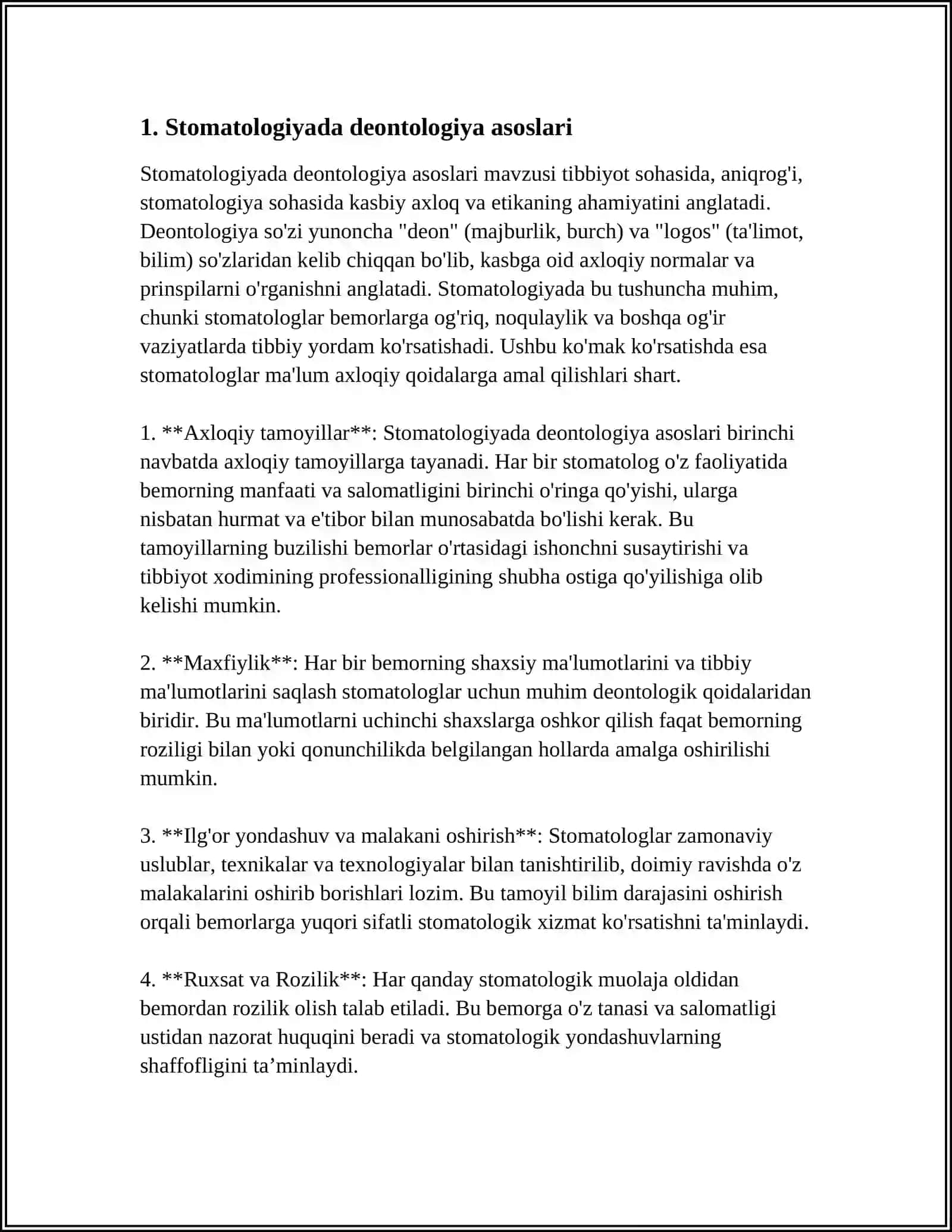 STOMATOLOGIYADA DEONTOLOGIYA VA TIBBIY ETIKA.XALQARO TIBBIY ETIKA KODEKSI.TIBBIYOT XODIMLARI VA BEMORLAR O'RTASIDAGI O'ZARO MUNOSABATLARNING XUSUSIYATLARI 3