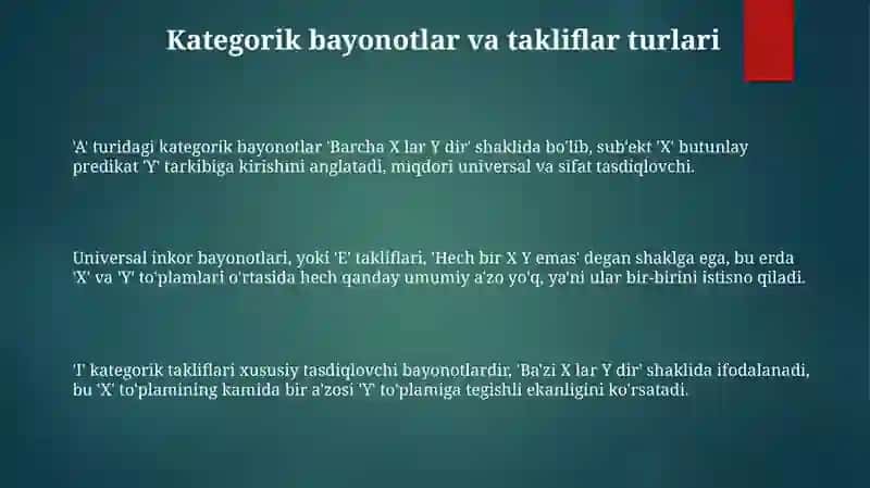 Kategorik Bayonotlar va Sillogizmlar Asoslari 3