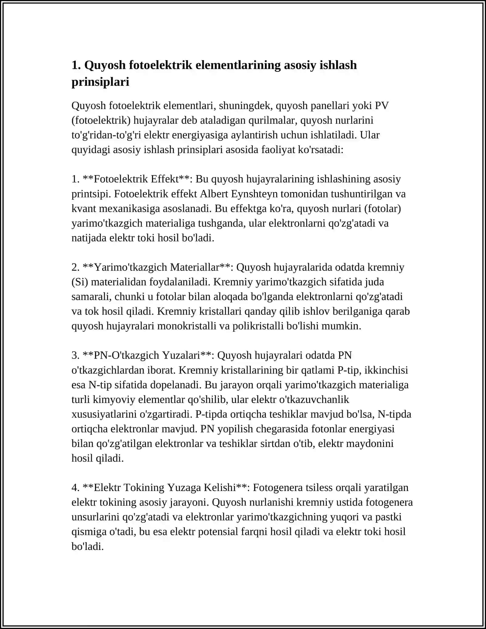 QUYOSH FOTOELEKTRIK ELEMENTLARI VA MODULLARI 3