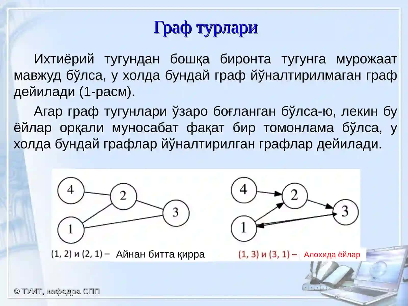 Графлар. Унинг кўринишлари ва устида амал бажариш алгоритмлари 3