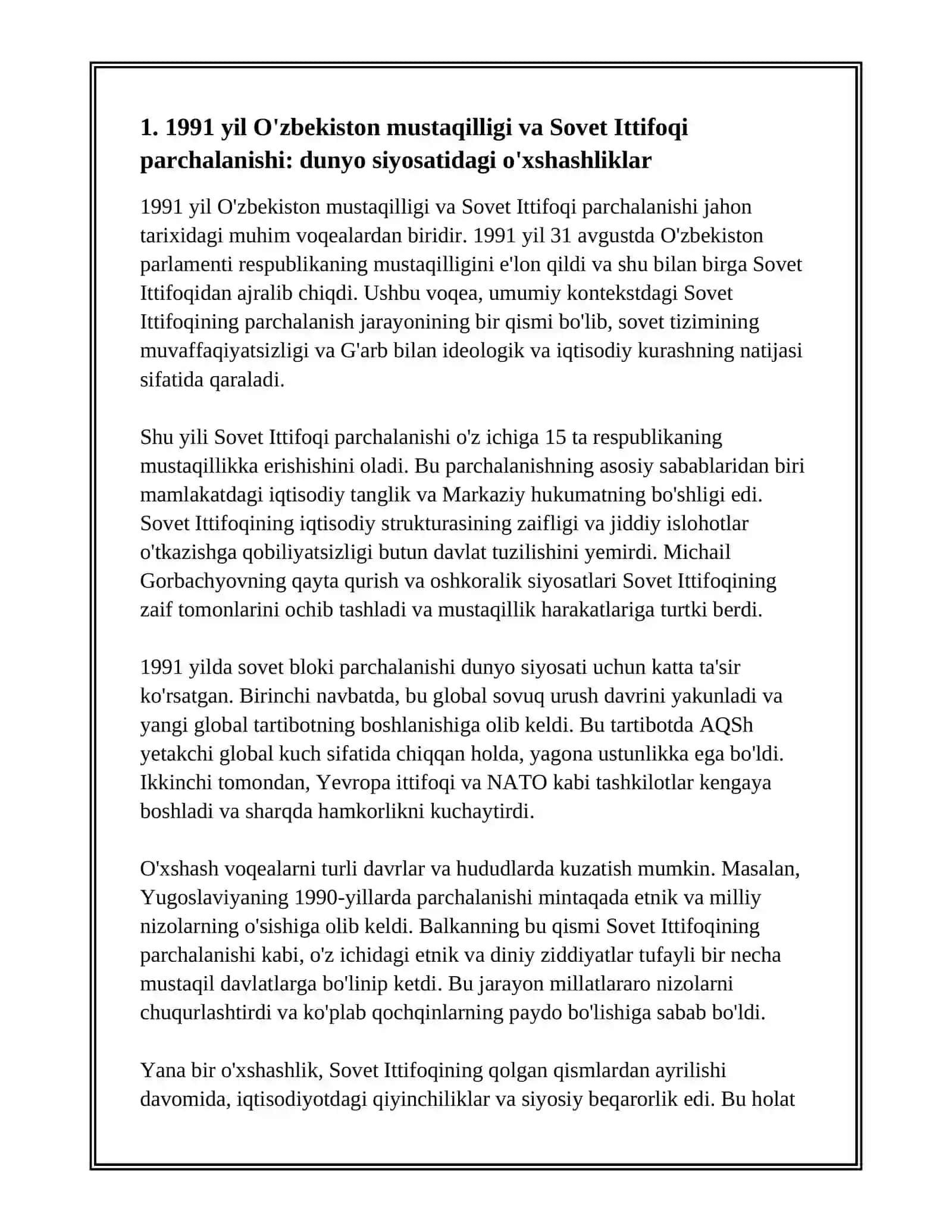 1991-2025 YILGACHA O’BEKISTON TARIXIDAGI VOQEALAR,SHU VAQTLARDA JAHON TARIXIDAGI VOQEALAR VA BU VOQELARNING BIR BIRIGA OXSHASHLIGI 3
