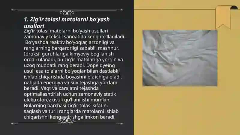 Zig'ir tolasi matolarni bo'yash va gul bosishga tayyorlash 3
