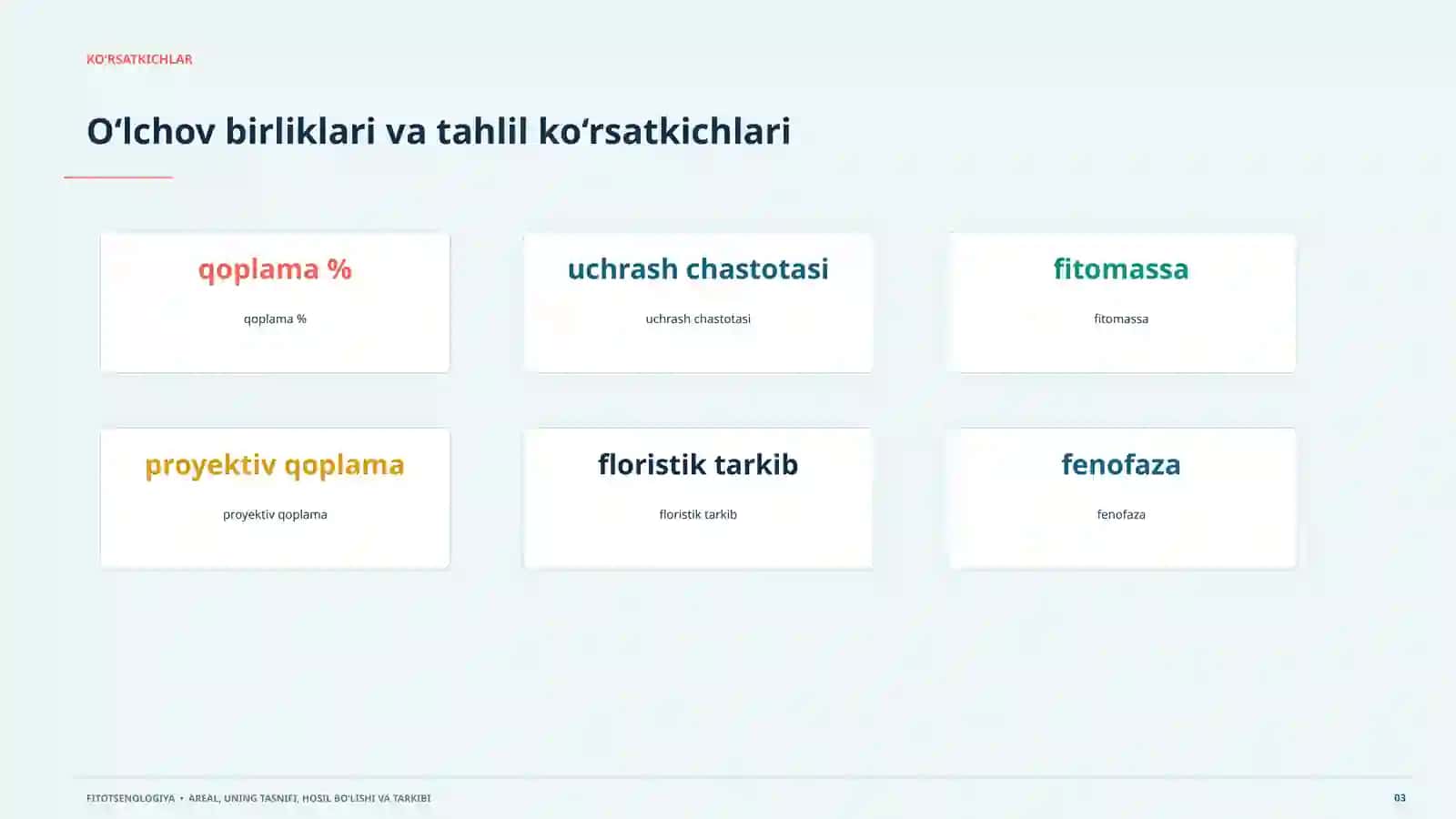 FITOTSENOLOGIYA Areal, uning tasnifi, hosil bo‘lishi va tarkibi. Uzbek text discussing the classification of plant communities, their composition, and formation 3