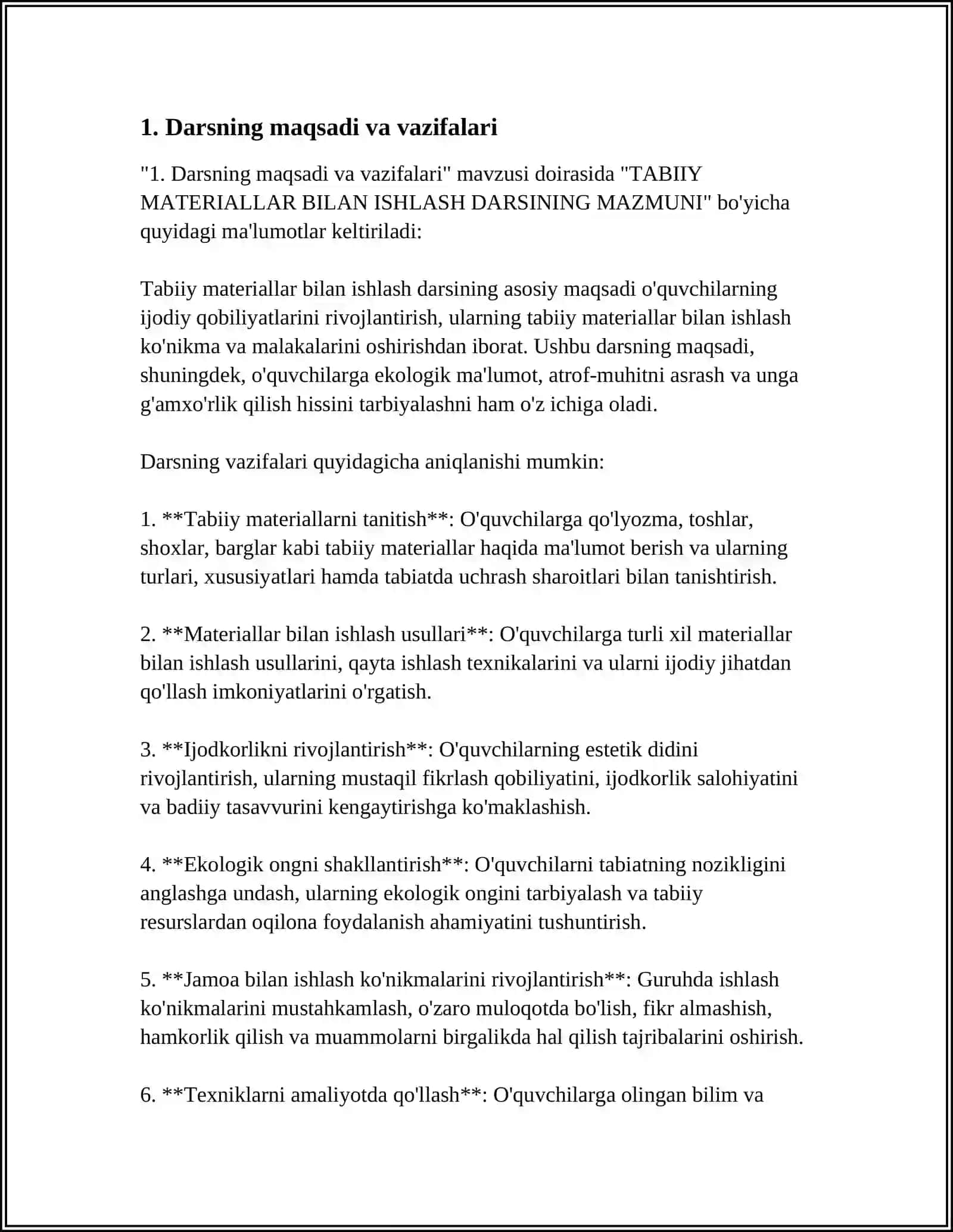 TABIIY MATERIALLAR BILAN ISHLASH DARSINING MAZMUNI 3