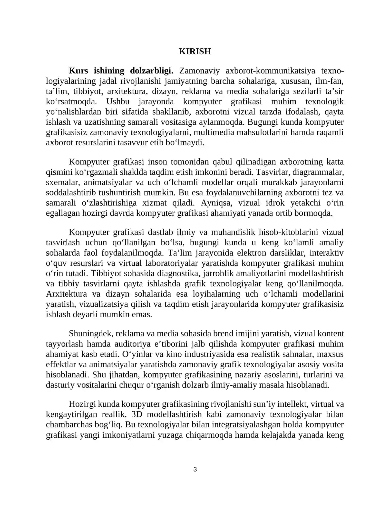 "KOMPYUTER GRAFIKASINING ROLI VA UNING AMALIY SOHALARDA QO‘LLANILISHI" MAVZUSIDA 3