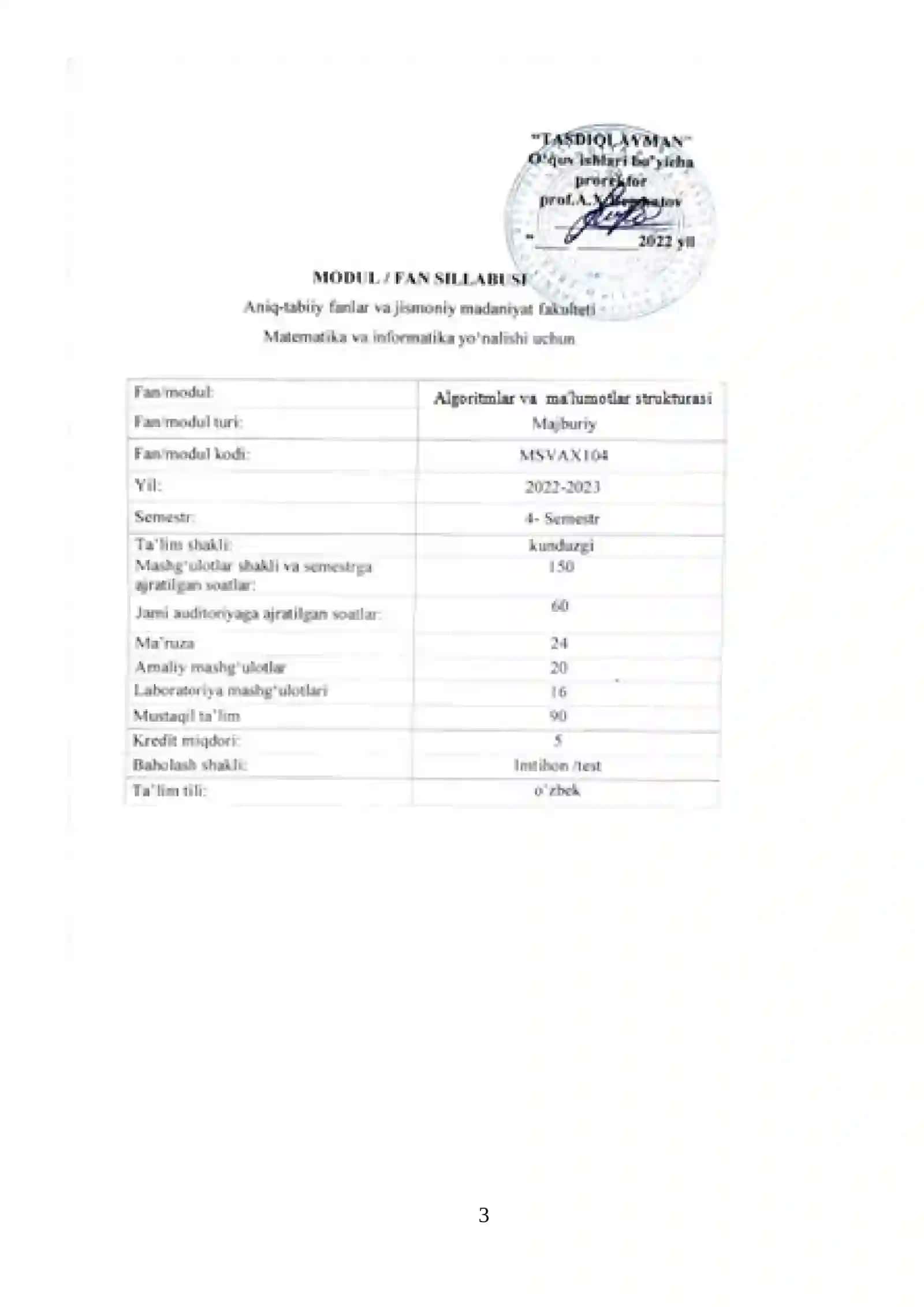 ALGORITMLAR VA MA’LUMOTLAR STRUKTURASI 3
