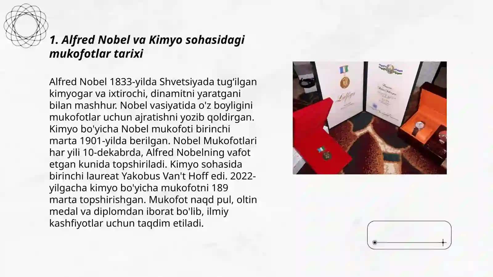 Kimyo sohasidagi Nobel mukofoti sovrindorlari va yutuqlari Majidova Mastura 3