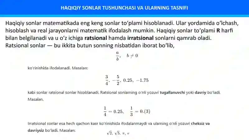 Haqiqiy sonlar va ustida arifmetik amallar. Taqribiy hisoblashlar 3
