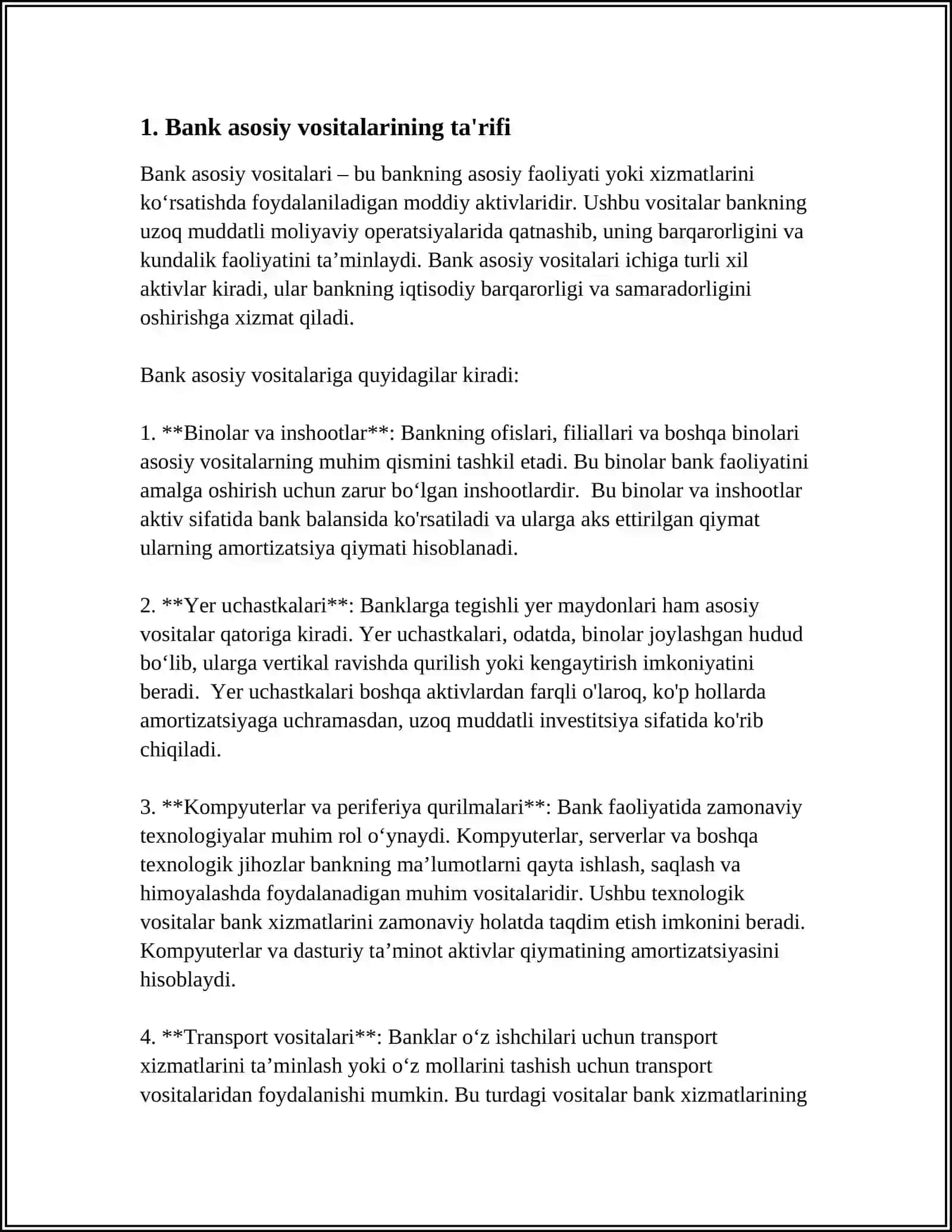BANK ASOSIY VOSITALARINING MAZMUNI, TURLARI VA ULARNI HISOBGA OLISH 3