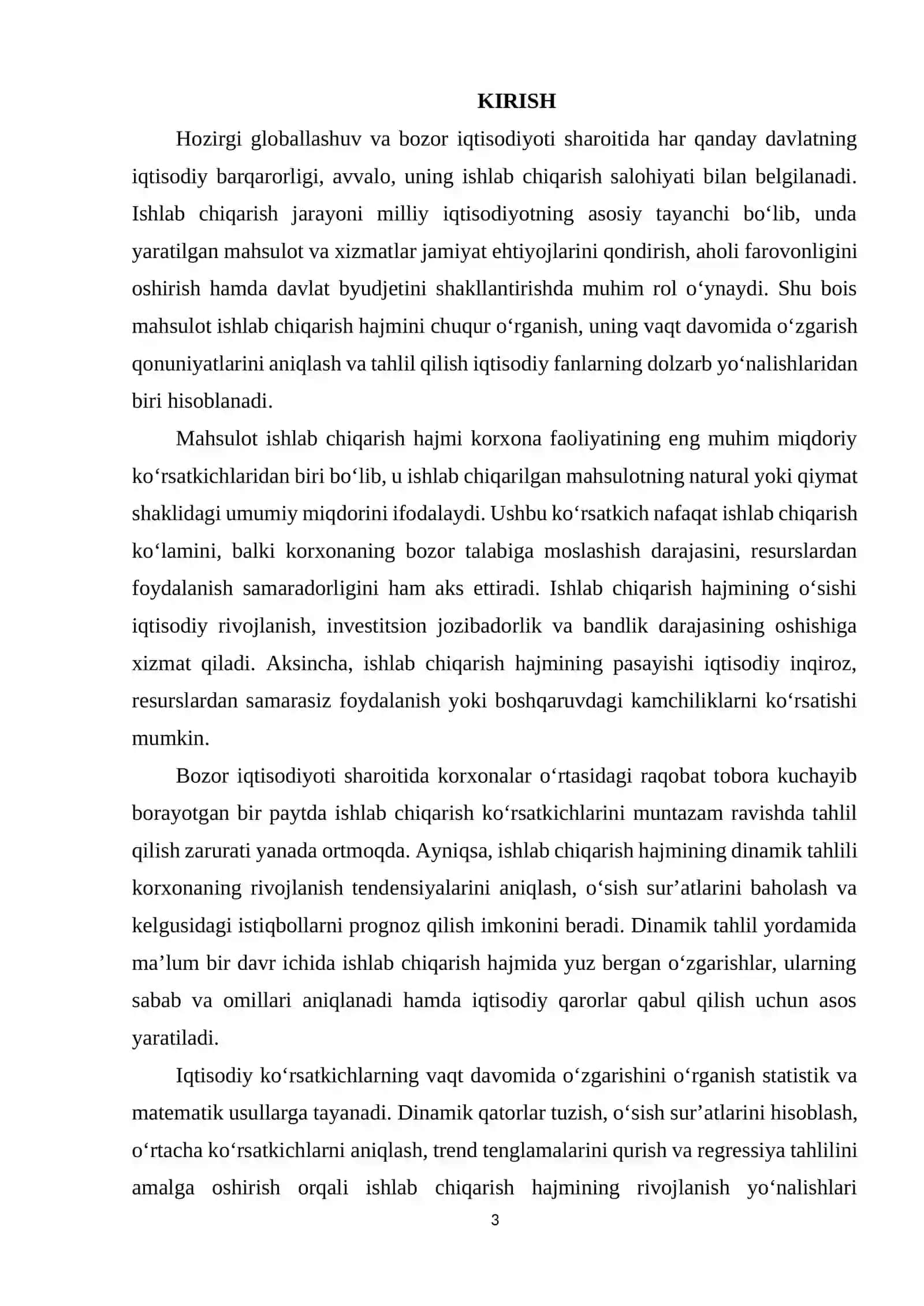 MOLIYAVIY VA IQTISODIY MA’LUMOTLAR TAHLILI FANIDAN “MAHSULOT ISHLAB CHIQARISH HAJMINING DINAMIK TAHLILI” MAVZUSIDA TAYYORLAGAN KURS ISHI 3