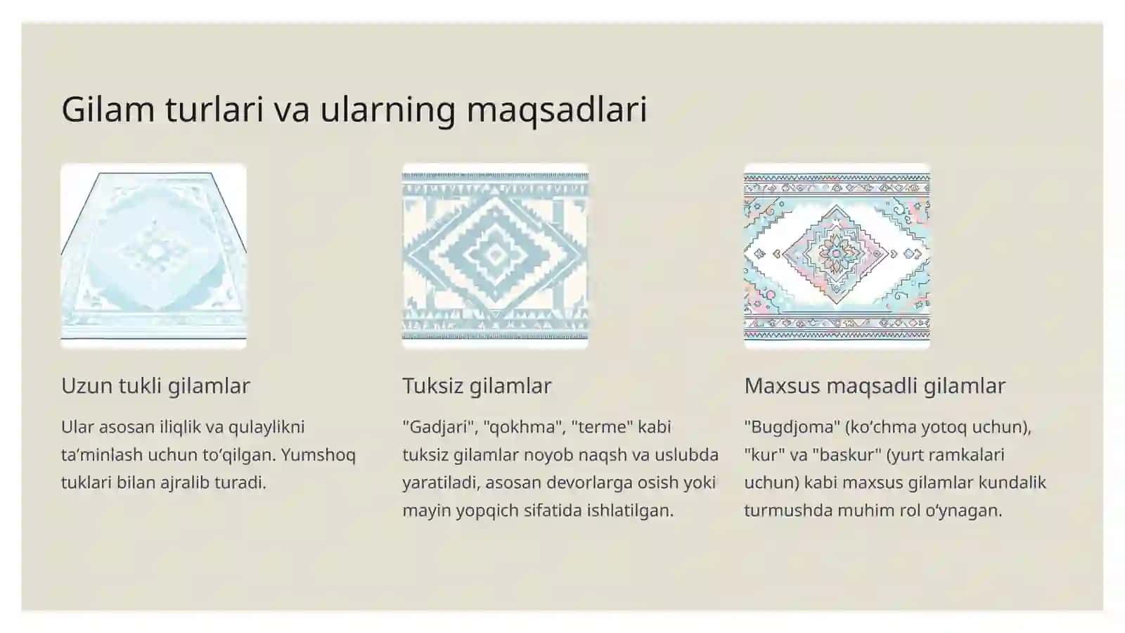 Gilamdoʻzlik: Oʻzbek xalq hunarmandchiligining betakror sanʼati 3