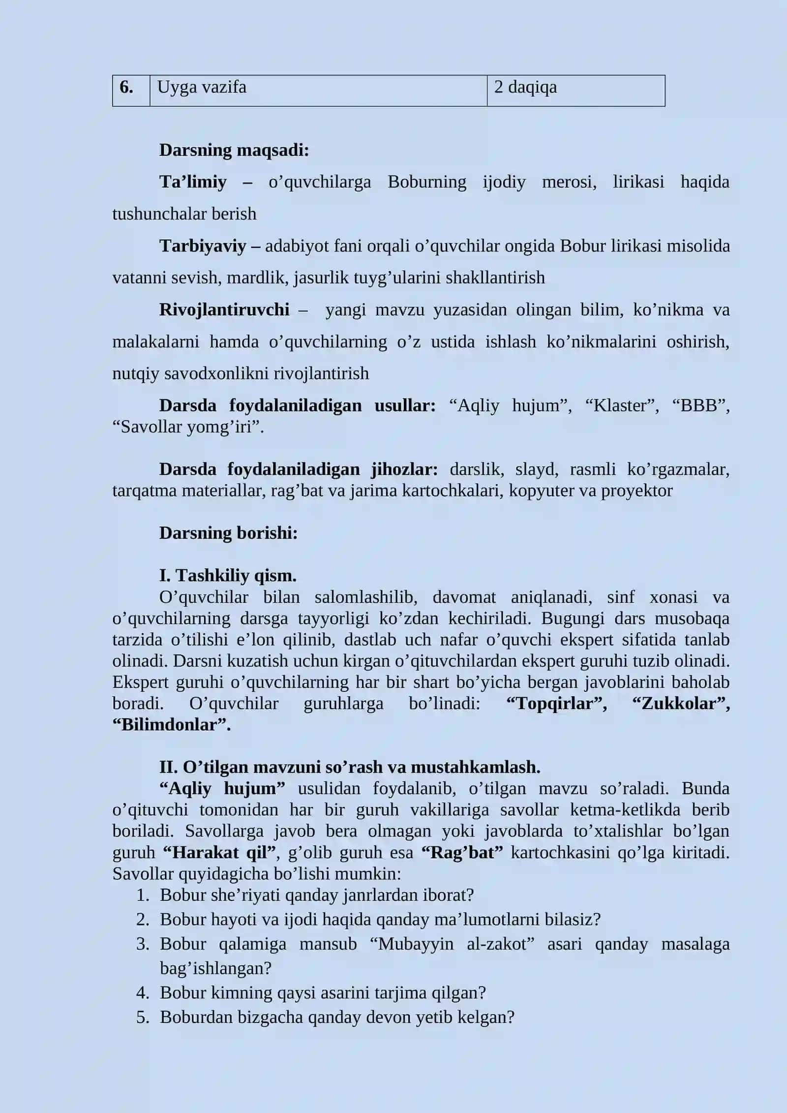 11-sinf Adabiyot Zahiriddin Muhammad Bobur lirikasi dars ishlanma 3