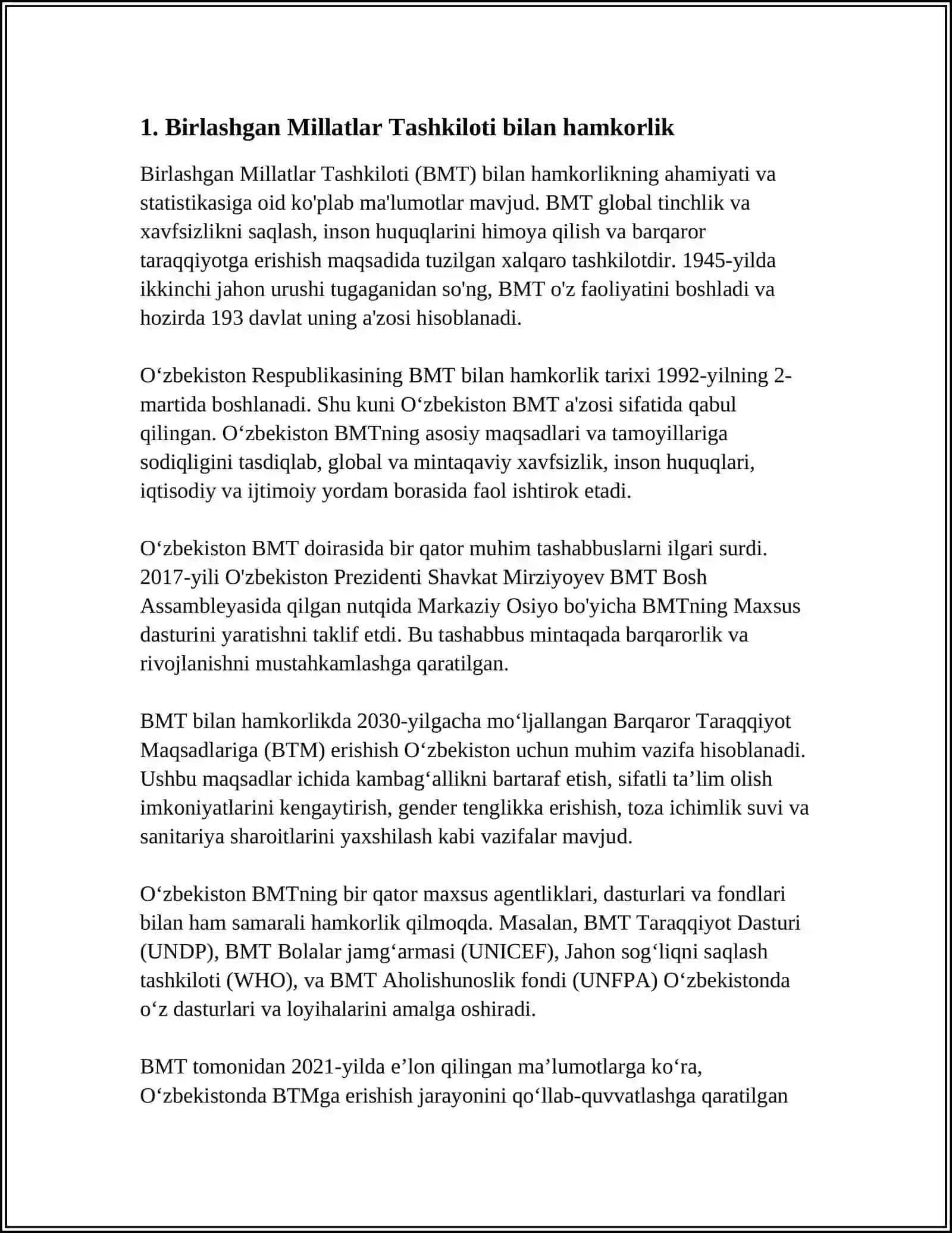 O'ZBEKISTONNING XALQARO TASHKILOTLAR BILAN HAMKORLIK ALOQALARI 3