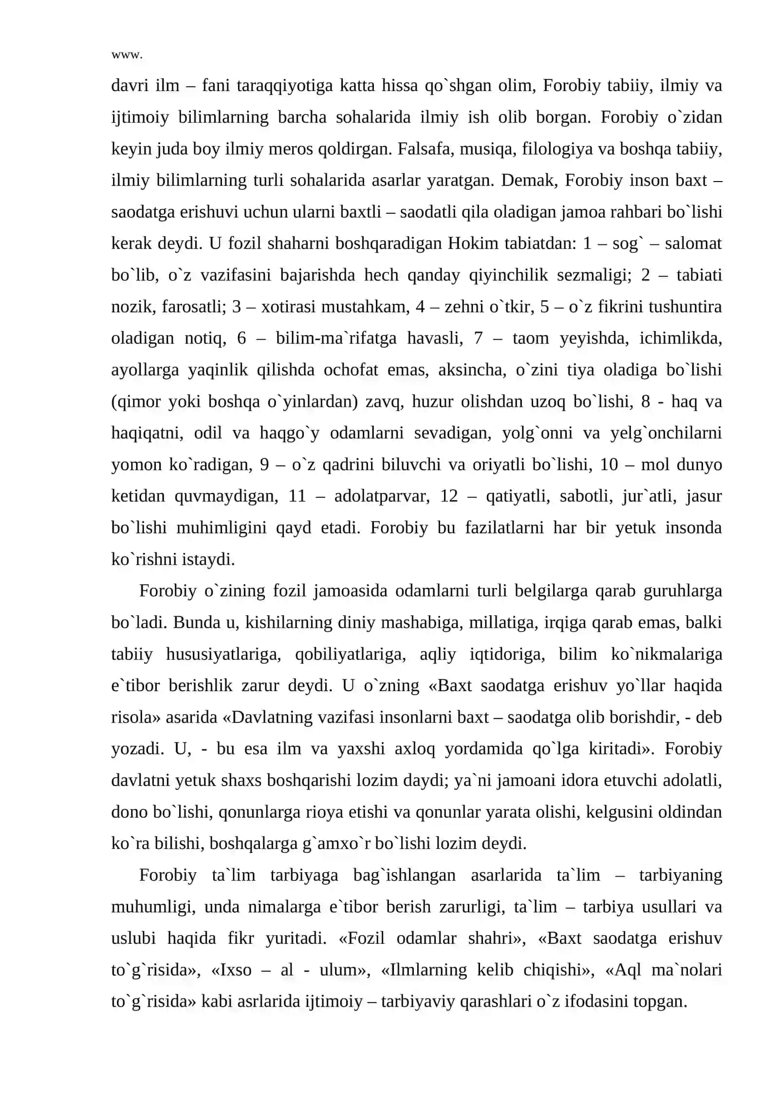 Abu Nasr Forobiyning ta`limiy-axlokiy qarashlari 3