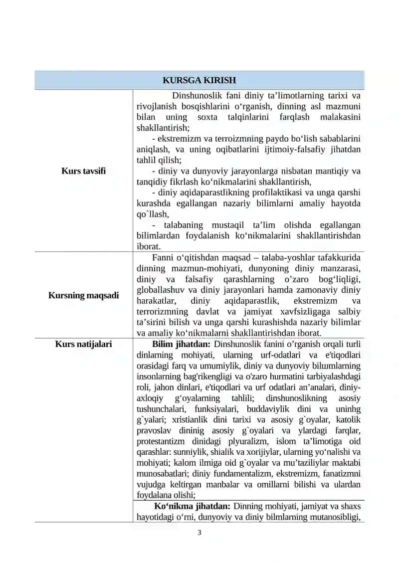 Dinshunoslik Fan Sillabusi 3