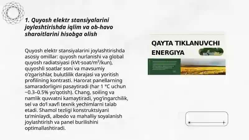 Iqlim va energiya: Qayta tiklanuvchi energiya inshootlarini joylashtirish 3
