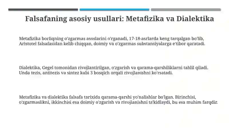 Falsafaning asosiy usullari: metafizika va dialektika, dogmatizm, sofizm 3