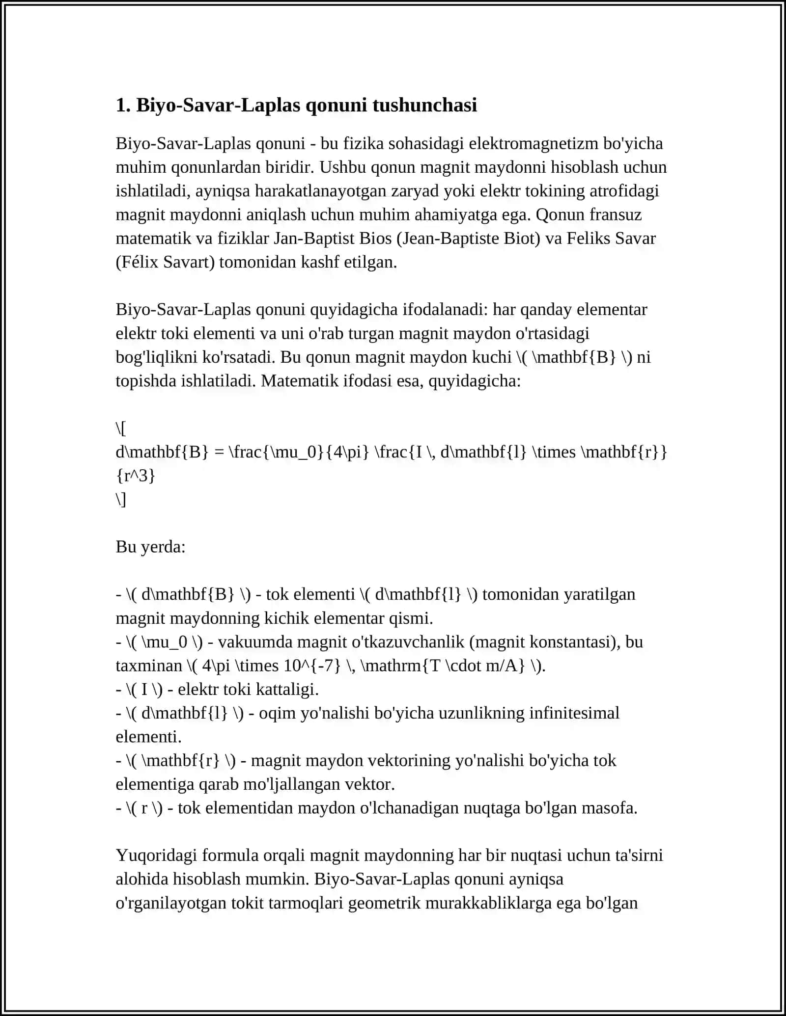 BIO-SAVAR-LAPLAS QONUNI.HARAKATLANUVCHI ZARYADNING MAGNIT MAYDONI 3
