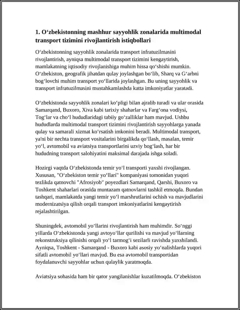 Oʻzbekistonning mashhur sayyohlik zonalarida, TRANSPORT INFRATUZILMASINI RIVOJLANTIRISH ISTIQBOLLARI 3