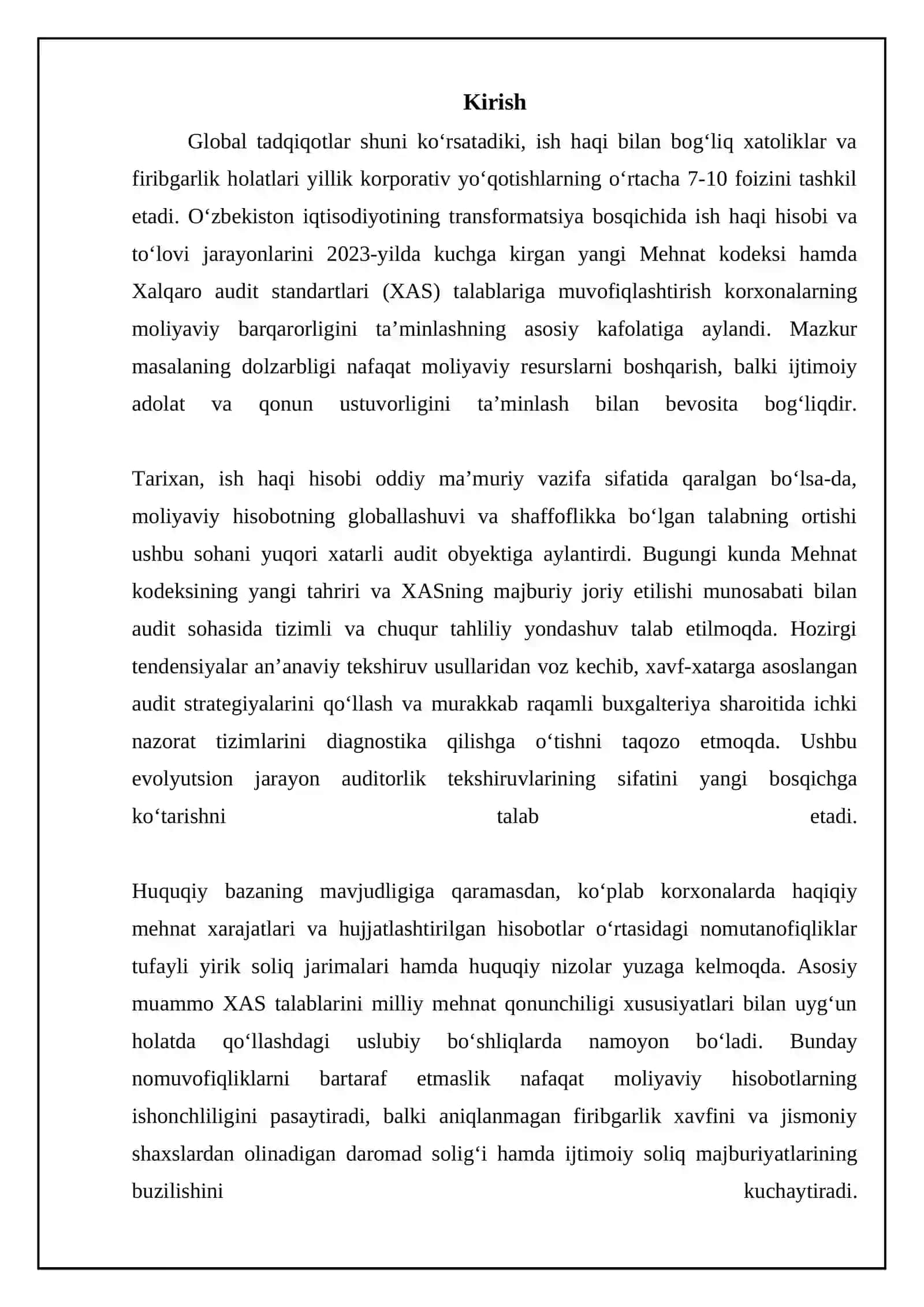 Mehmat haqi hisobi va to'lash jarayoni auditi: mehnat qonunchiligi va xalqaro audit standartlari 3