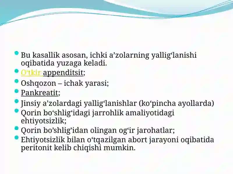 Qorinning xirurgik infeksiyalari. Peritonit 3