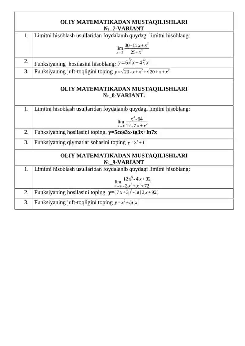 OLIY MATEMATIKADAN MUSTAQIL ISHLARI 3