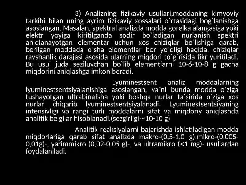 SIFAT ANALIZI USULLARINING SINFLANISHI. REAKSIYALARNI AMALGA OSHIRISHNINGSHART-SHAROITLARI. 3