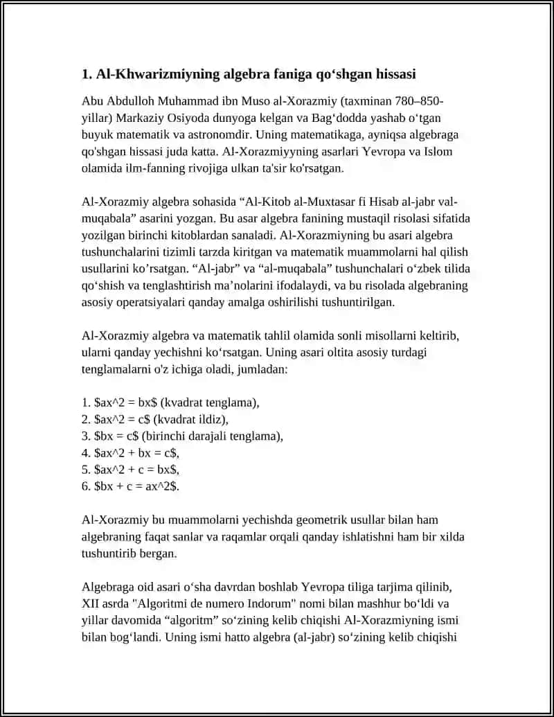 Al-Khwarizmiyning algebra faniga qoʻshgan hissasi 3