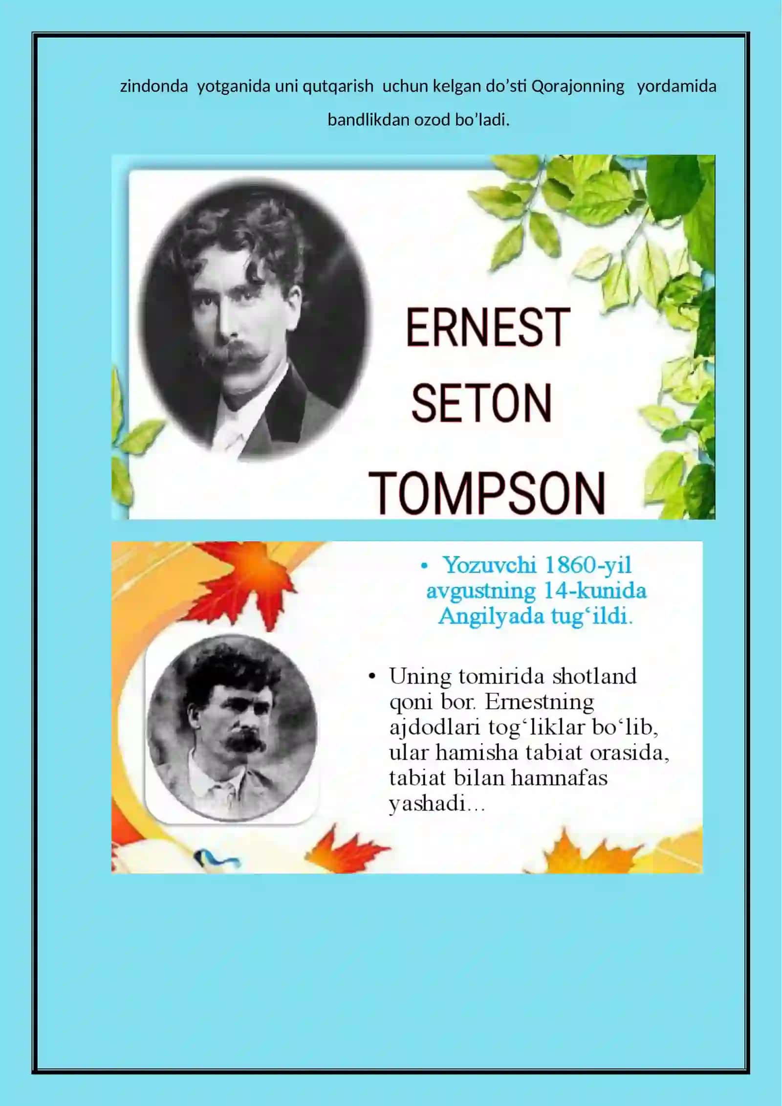 7-sinf Adabiyot Ernest Sеtоn-Tоmpsоn Yovvoyi yo'rg'a dars ishlanma 3