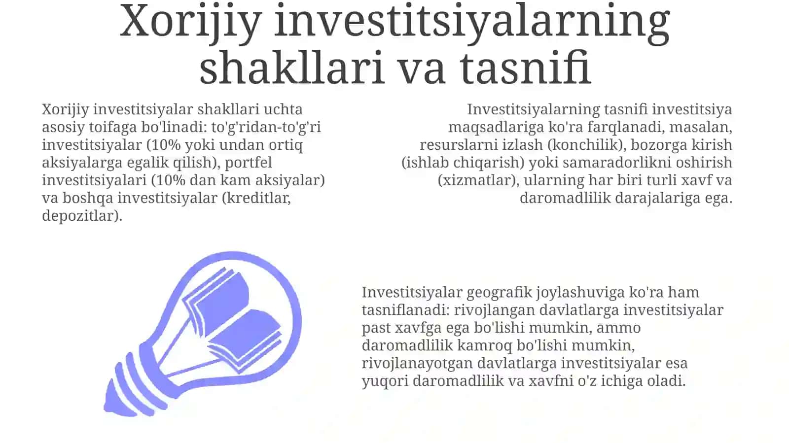 Xorijiy investitsiyalarning shakllari va guruhlanishi 3