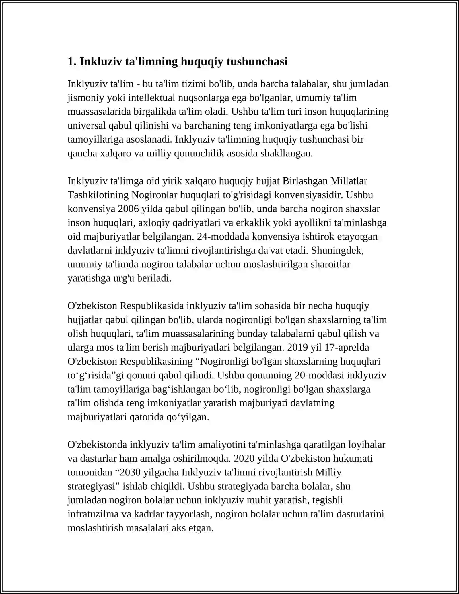 INKLYUZIV TA'LIMNING HUQUQIY ASOSLARI, ME'YORIY-HUQUQIY BAZASINI XALQARO HUJJATLAR VA O'ZBEKISTON BO'YICHA QIYOSIY TAHLIL QILISH 3