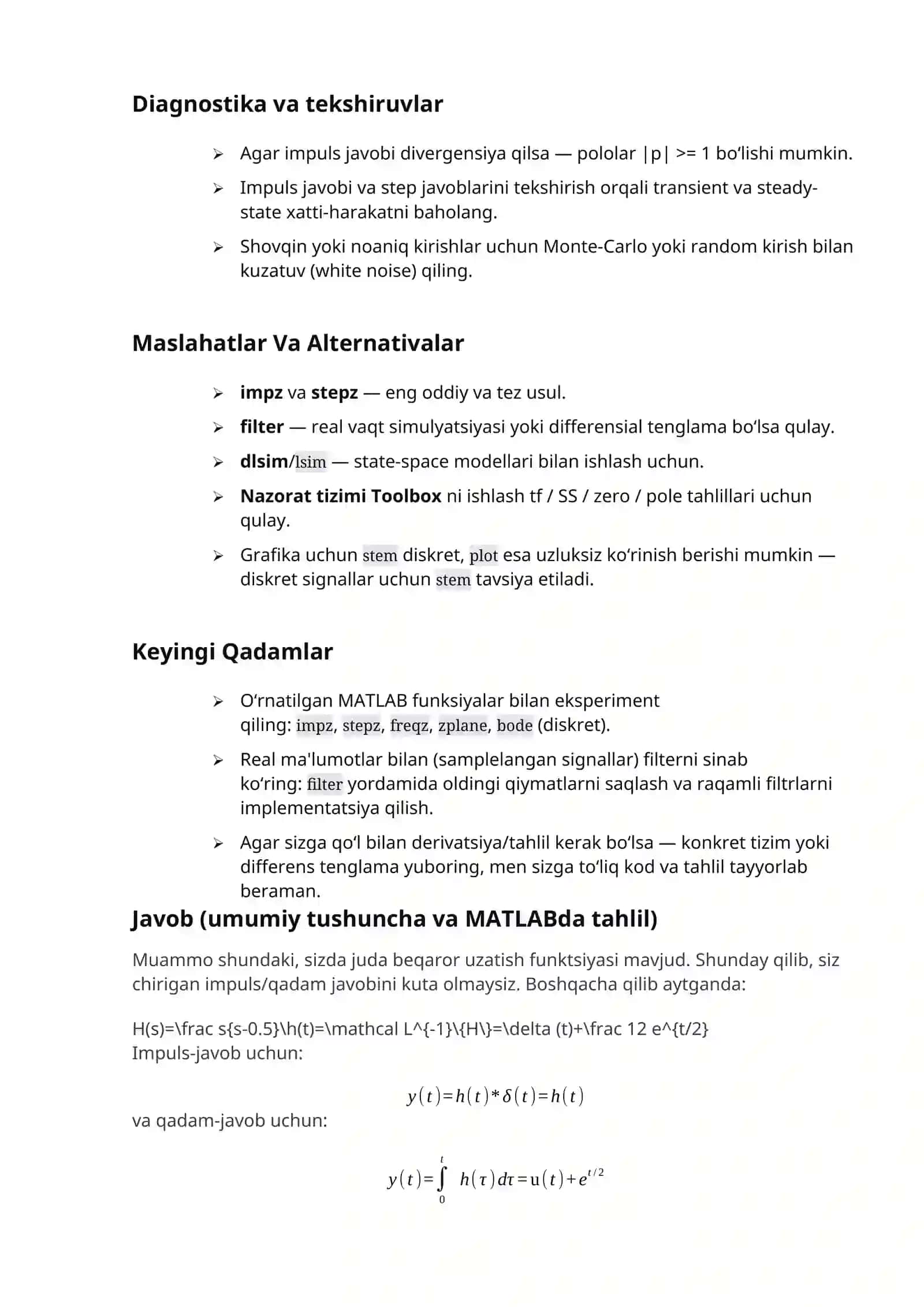Diskret tizimlarning impuls va o'tish xarakteristikalarini aniqlash 3