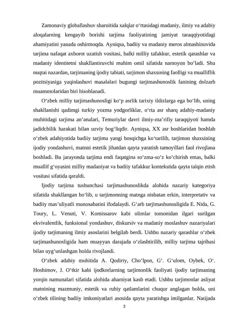 O‘ZBEK MILLIY TARJIMASHUNOSLIK TARIXIDA IJODIY TARJIMANING O‘RNI 3